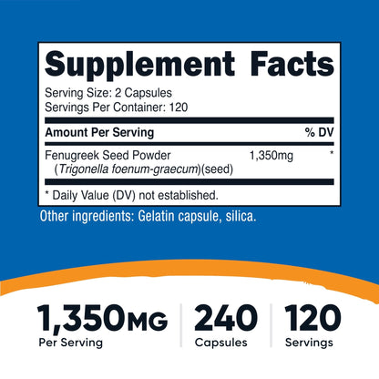 Nutricost Fenugreek Seed 1350mg, 240 Capsules - Gluten Free, Non-GMO, 675mg Per Capsule - PrimeBioHealth - canada supplements