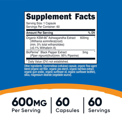 Nutricost KSM-66 Ashwagandha Root Extract (600mg) 60 Capsules | 5% Withanolides & BioPerine, Full-Spectrum Root Extract - PrimeBioHealth - canada supplements