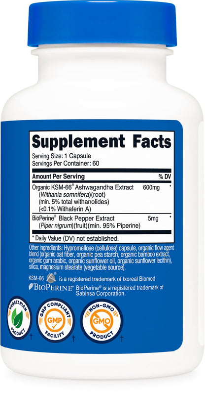 Nutricost KSM-66 Ashwagandha Root Extract (600mg) 60 Capsules | 5% Withanolides & BioPerine, Full-Spectrum Root Extract - PrimeBioHealth - canada supplements