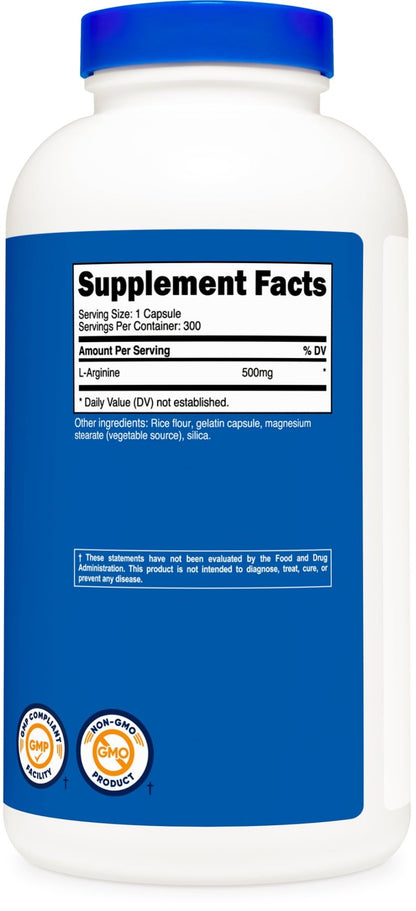 Nutricost L-Arginine 500mg, 300 Capsules - Gluten Free and Non-GMO - PrimeBioHealth - canada supplements