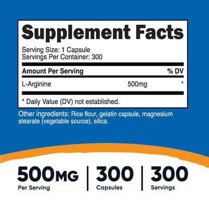 Nutricost L-Arginine 500mg, 300 Capsules - Gluten Free and Non-GMO - PrimeBioHealth - canada supplements