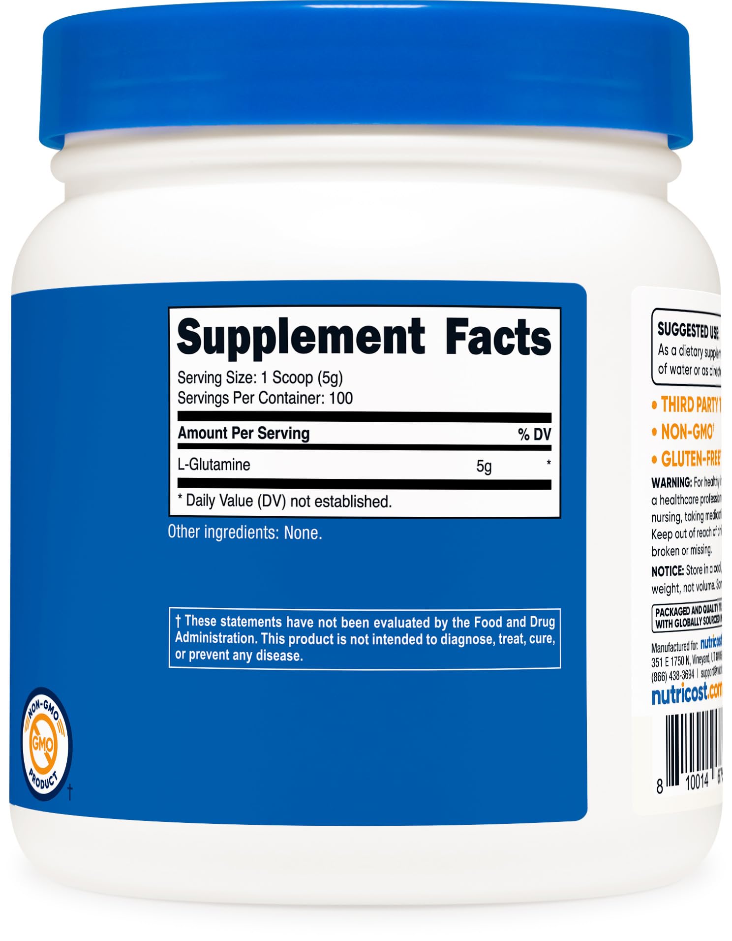 Nutricost L-Glutamine Powder (500 Grams) Unflavored - Gluten Free & Non-GMO, 100 Servings - PrimeBioHealth - canada supplements