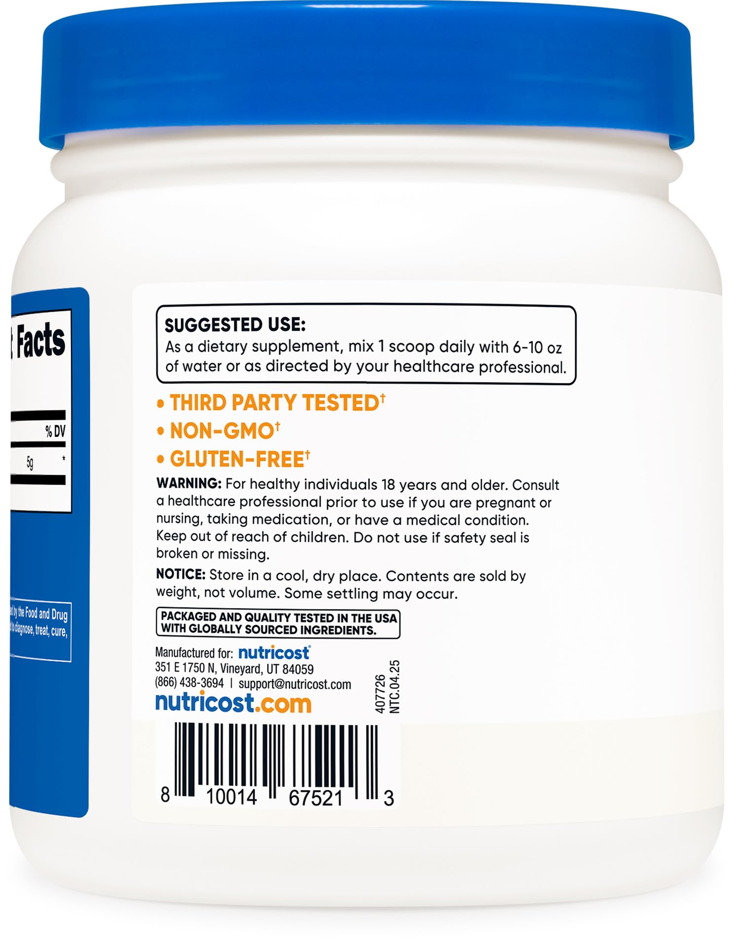 Nutricost L-Glutamine Powder (500 Grams) Unflavored - Gluten Free & Non-GMO, 100 Servings - PrimeBioHealth - canada supplements