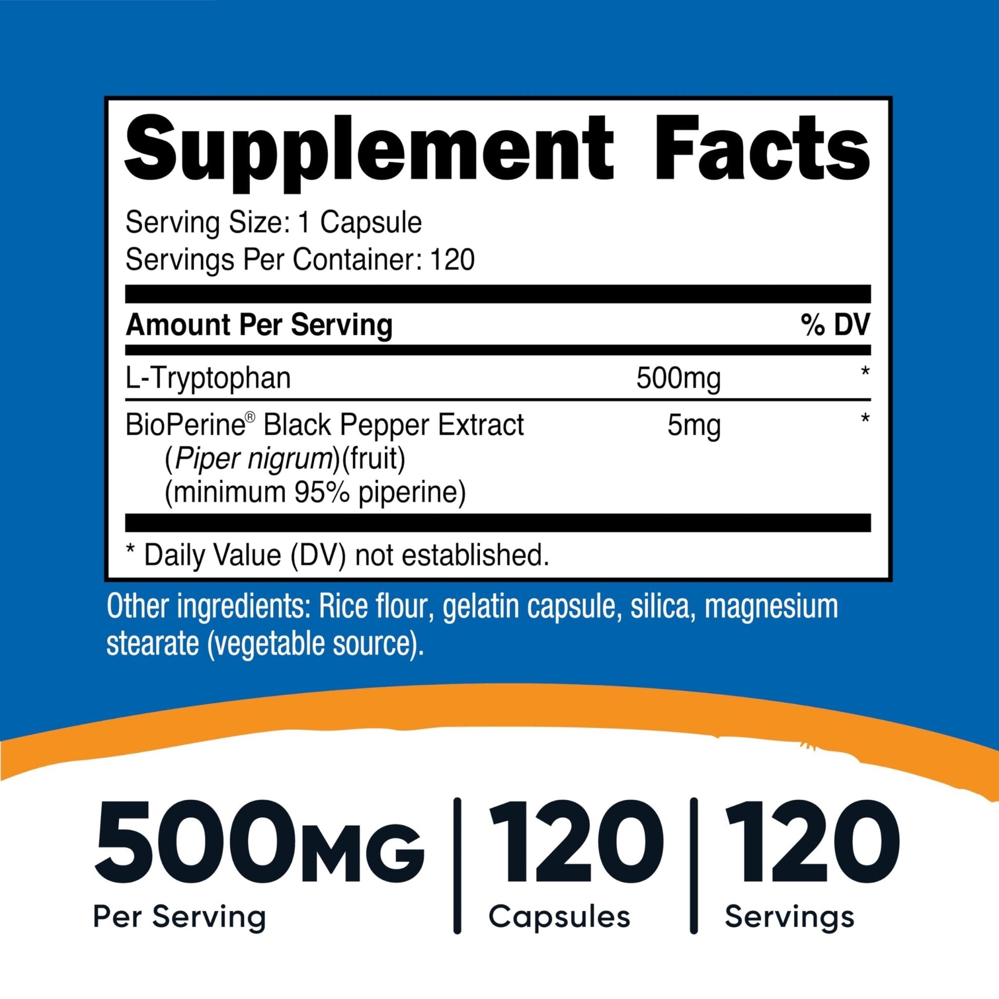 Nutricost L-Tryptophan 500mg, 120 Capsules - with BioPerine, Gluten Free, Non-GMO - PrimeBioHealth - canada supplements