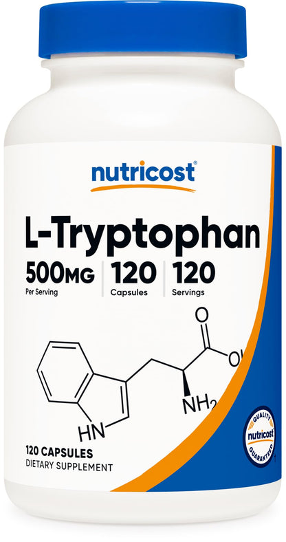 Nutricost L-Tryptophan 500mg, 120 Capsules - with BioPerine, Gluten Free, Non-GMO - PrimeBioHealth - canada supplements