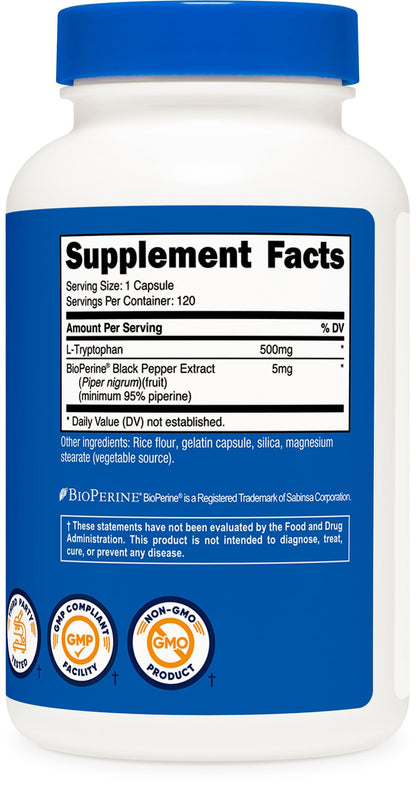 Nutricost L-Tryptophan 500mg, 120 Capsules - with BioPerine, Gluten Free, Non-GMO - PrimeBioHealth - canada supplements