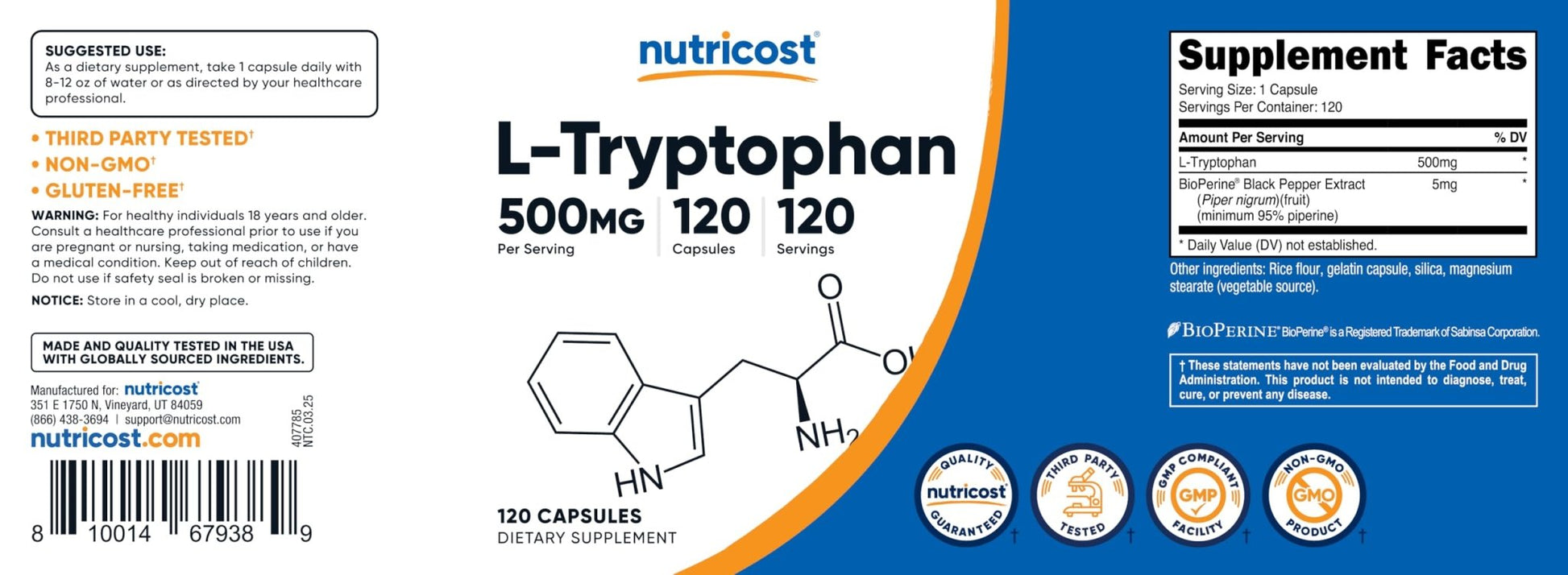 Nutricost L-Tryptophan 500mg, 120 Capsules - with BioPerine, Gluten Free, Non-GMO - PrimeBioHealth - canada supplements
