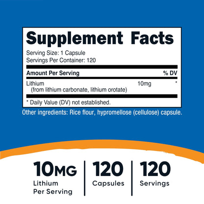 Nutricost Lithium Orotate (10mg) 120 Capsules - Vegan Lithium Supplement, GMO-Free, Gluten-Free - PrimeBioHealth - canada supplements