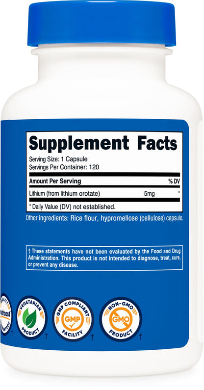 Nutricost Lithium Orotate 5mg, 120 Capsules - Veggie Caps, Non-GMO, Gluten Free - PrimeBioHealth - canada supplements