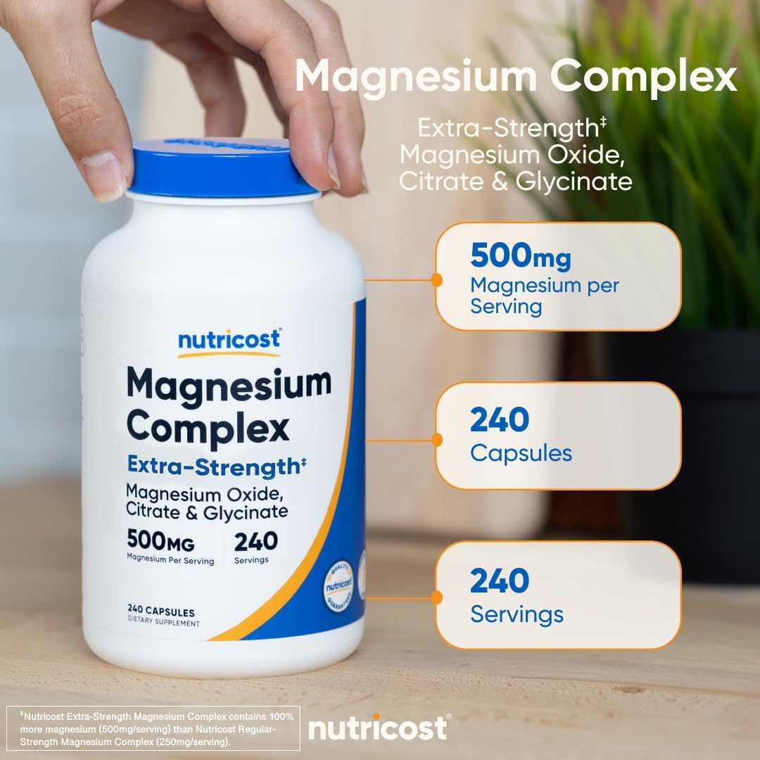 Nutricost Magnesium Complex Extra Strength 500mg, 240 Capsules, Gluten Free | Magnesium Oxide, Citrate, and Glycinate, GMO-Free - PrimeBioHealth - canada supplements