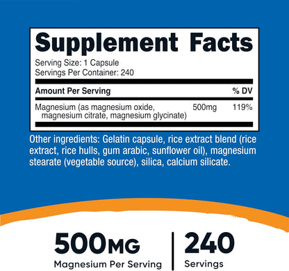Nutricost Magnesium Complex Extra Strength 500mg, 240 Capsules, Gluten Free | Magnesium Oxide, Citrate, and Glycinate, GMO-Free - PrimeBioHealth - canada supplements