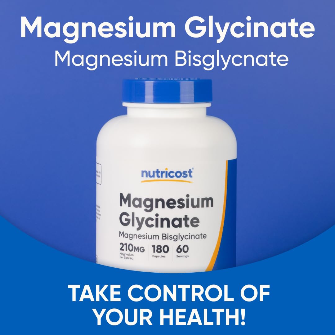 Nutricost Magnesium Glycinate Capsules, 180 Capsules, 210mg | Gentle Absorption, Magnesium Glycinate Supplement - PrimeBioHealth - canada supplements