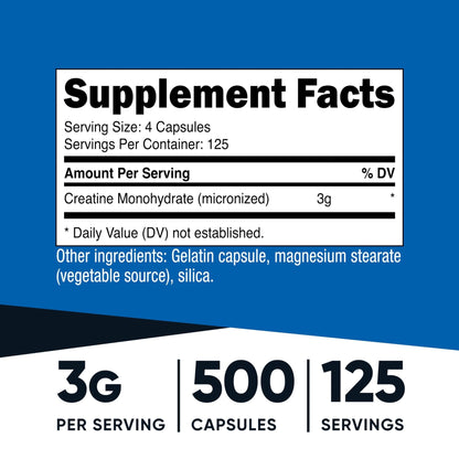 Nutricost Micronized Creatine Monohydrate 3,000mg 500 Capsules, 125 Servings, 750mg of Creatine Monohydrate Per Capsule - PrimeBioHealth - canada supplements