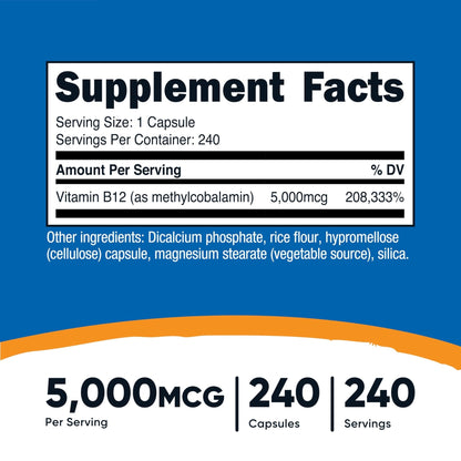 Nutricost Vitamin B12 (Methylcobalamin) 5000mcg, 240 Capsules - Vegetarian Caps, Non-GMO, Gluten Free B12 Supplement - PrimeBioHealth - canada supplements