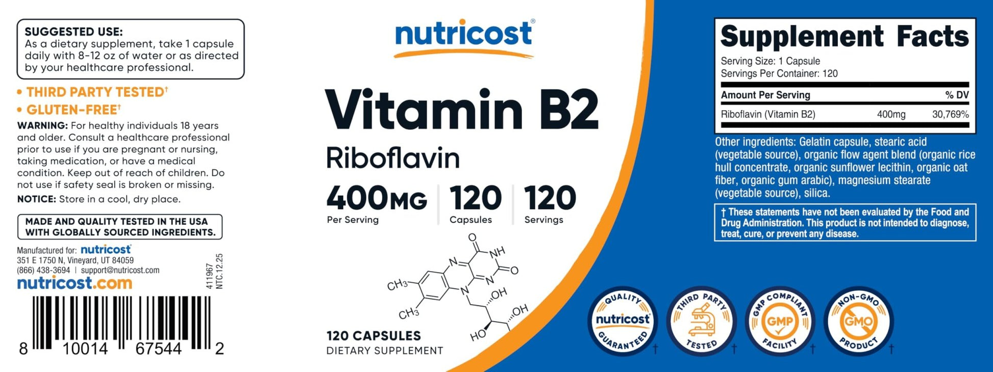 Nutricost Vitamin B2 (Riboflavin) 400mg, 120 Capsules - Gluten Free, Non-GMO - PrimeBioHealth - canada supplements