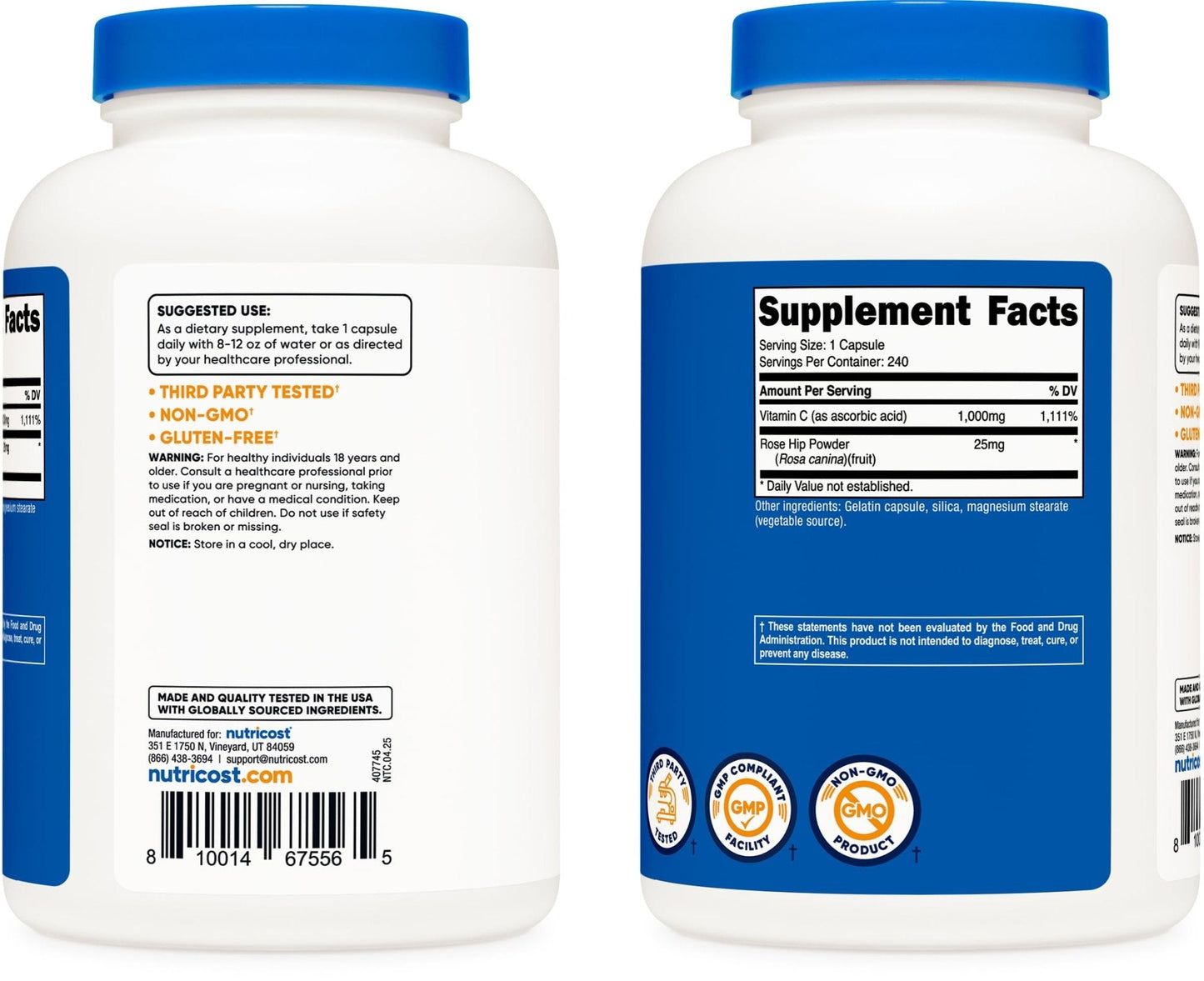 Nutricost Vitamin C with Rose Hips 1025mg, 240 Capsules, Gluten Free | Vitamin C 1,000mg, Rose Hips 25mg, GMO-Free - PrimeBioHealth - canada supplements
