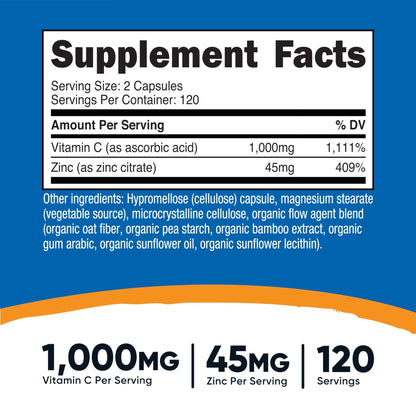 Nutricost Vitamin C with Zinc Capsules, 120 Servings - 1000mg, 45mg Zinc, Non-GMO, Gluten Free Vitamin C Supplement - PrimeBioHealth - canada supplements