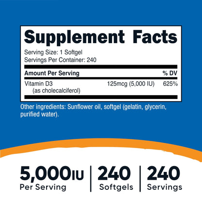 Nutricost Vitamin D3 5,000 IU (125mcg), 240 Softgels, GMO-Free | Gluten Free Vitamin D - PrimeBioHealth - canada supplements