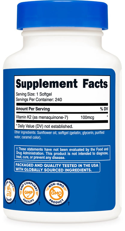Nutricost Vitamin K2 MK-7 100 mcg, 240 Softgels, Gluten Free, GMO-Free | MK7 - PrimeBioHealth - canada supplements
