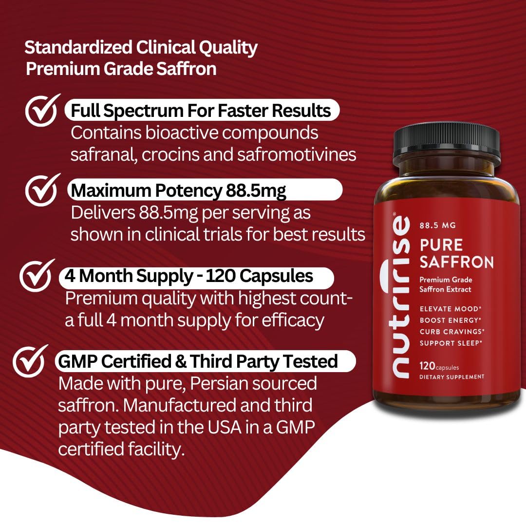 NutriRise Saffron Supplements 120 Capsules, 88.5mg Pure Extract - 4 Month Supply for Mood, Energy, Sleep, Stress & Cortisol Support - Non-GMO - PrimeBioHealth - canada supplements