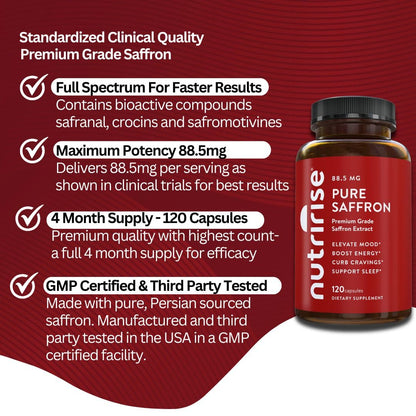 NutriRise Saffron Supplements 120 Capsules, 88.5mg Pure Extract - 4 Month Supply for Mood, Energy, Sleep, Stress & Cortisol Support - Non-GMO - PrimeBioHealth - canada supplements
