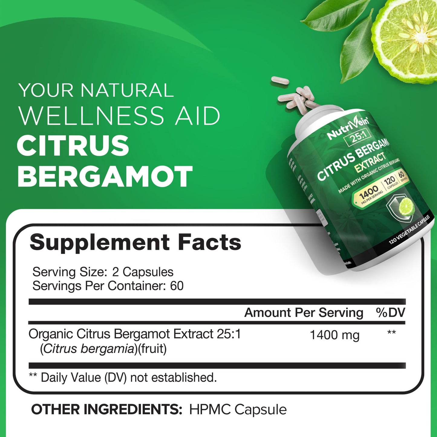 Nutrivein Premium Citrus Bergamot Supplement 1400mg 25:1 Bergamia Extract - 60 Day Supply (120 Capsules): Powerful Italian Citrus Bergamot 1400 mg+ - PrimeBioHealth - canada supplements