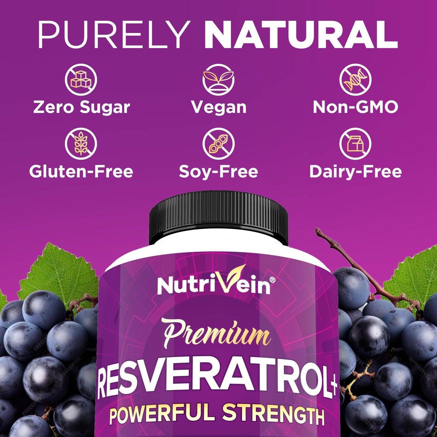 Nutrivein Premium Resveratrol 1450mg - 120 Caps: Pure Trans Resveratrol Supplement Enhanced with Green Tea Leaf & Acai Berry - PrimeBioHealth - canada supplements