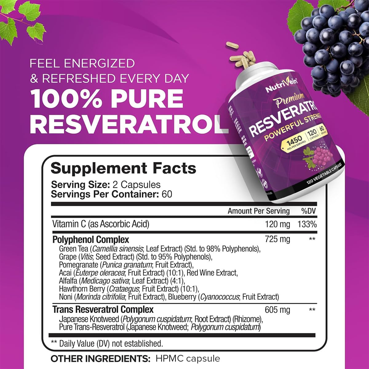 Nutrivein Premium Resveratrol 1450mg - 120 Caps: Pure Trans Resveratrol Supplement Enhanced with Green Tea Leaf & Acai Berry - PrimeBioHealth - canada supplements