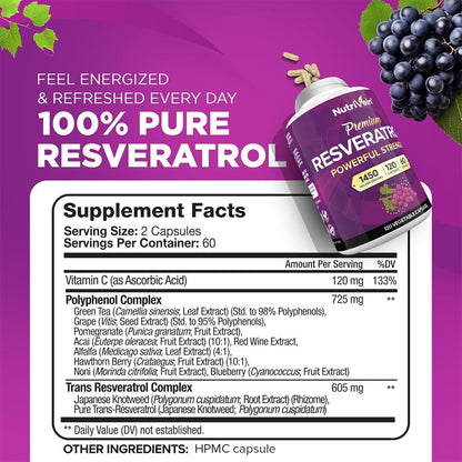 Nutrivein Premium Resveratrol 1450mg - 120 Caps: Pure Trans Resveratrol Supplement Enhanced with Green Tea Leaf & Acai Berry - PrimeBioHealth - canada supplements