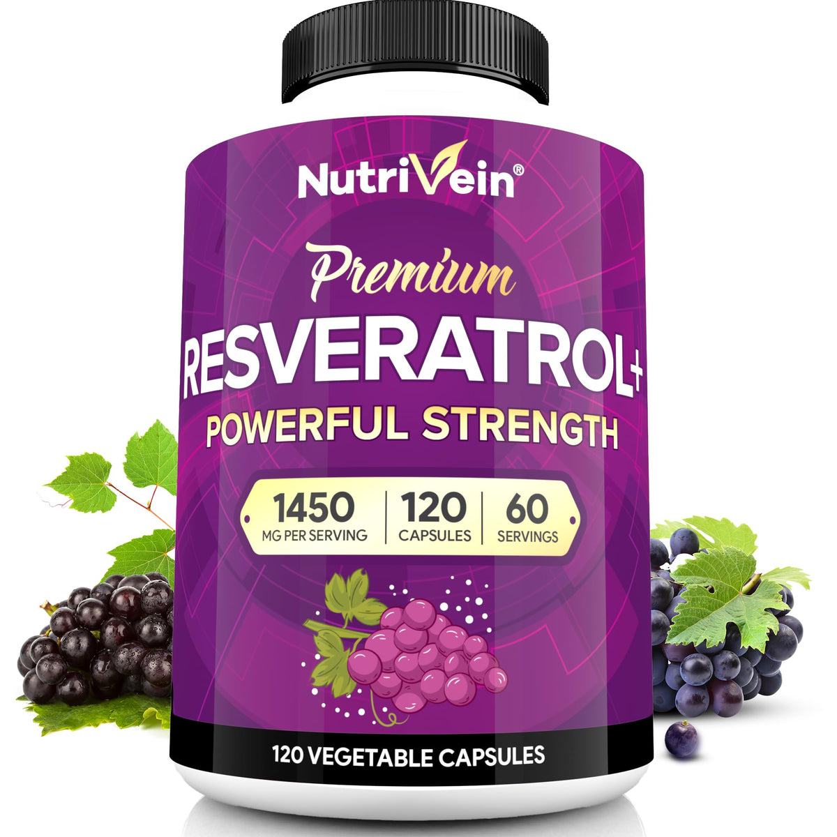 Nutrivein Premium Resveratrol 1450mg - 120 Caps: Pure Trans Resveratrol Supplement Enhanced with Green Tea Leaf & Acai Berry - PrimeBioHealth - canada supplements