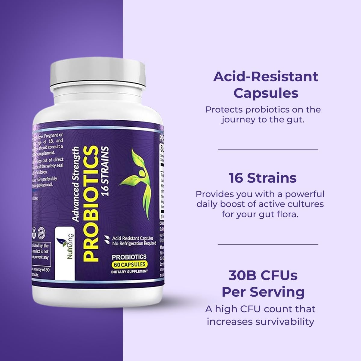 NutriZing Vegan Probiotics for Digestive Health - 30 Billion CFU & 16 strains - Bifidobacterium & Lactobacillus Probiotics for Men & Women - PrimeBioHealth - canada supplements