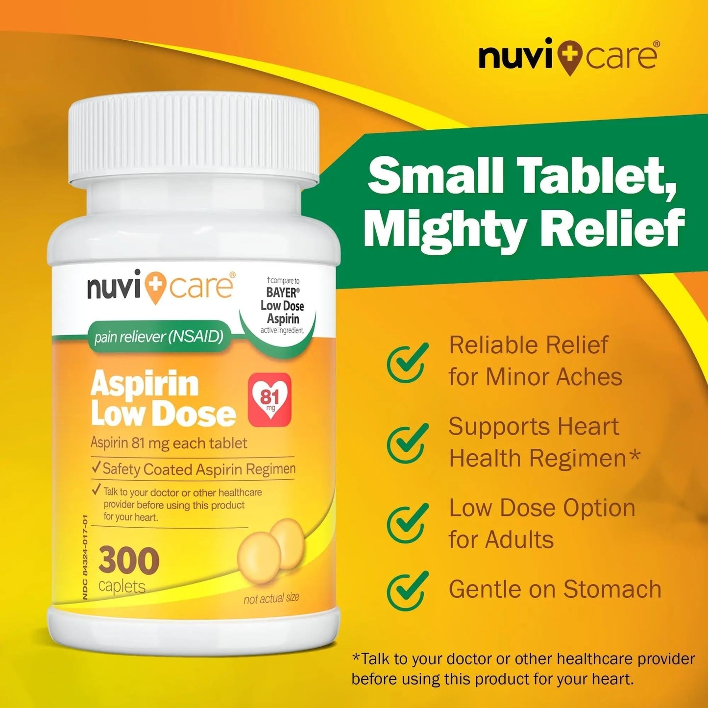 NUVICARE Low Dose Aspirin 81mg for Adults Coated Caplets - Compare to Active Ingredient in Low Dose Bayer Aspirin for Adults - Safety Coated (300 Count) - PrimeBioHealth - canada supplements