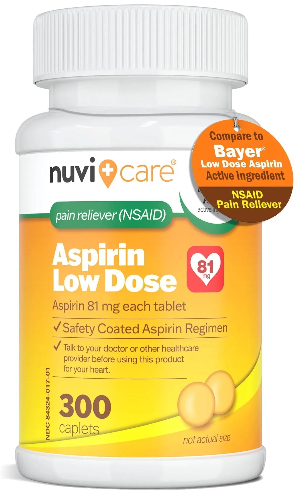 NUVICARE Low Dose Aspirin 81mg for Adults Coated Caplets - Compare to Active Ingredient in Low Dose Bayer Aspirin for Adults - Safety Coated (300 Count) - PrimeBioHealth - canada supplements