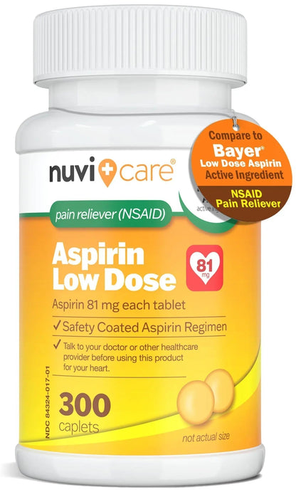 NUVICARE Low Dose Aspirin 81mg for Adults Coated Caplets - Compare to Active Ingredient in Low Dose Bayer Aspirin for Adults - Safety Coated (300 Count) - PrimeBioHealth - canada supplements