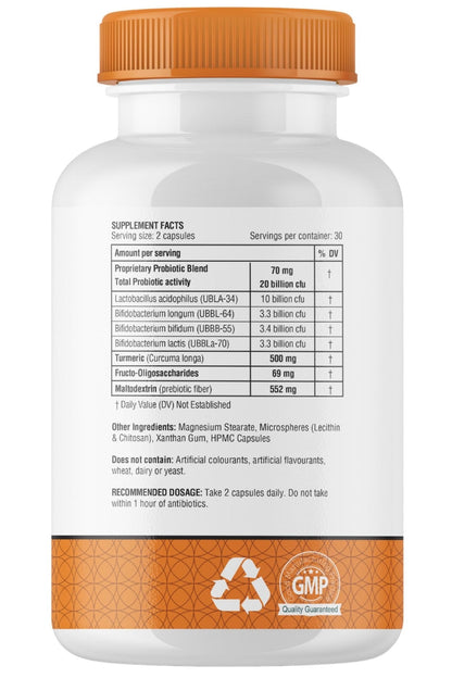 obel Probiotic & Prebiotic Supplement with Turmeric | 20 Billion CFU | 60 Capsules (30 Day Supply) | 4 Strains | Supports Digestion - PrimeBioHealth - canada supplements
