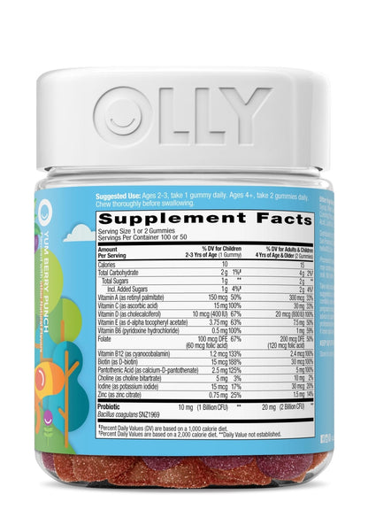 OLLY Kids Multivitamin & Probiotic Gummy, Digestive Support, Vitamins A, D, C, E, B, Zinc, Chewable Supplement, Berry Flavor, 50 day supply - 100 Count - PrimeBioHealth - canada supplements