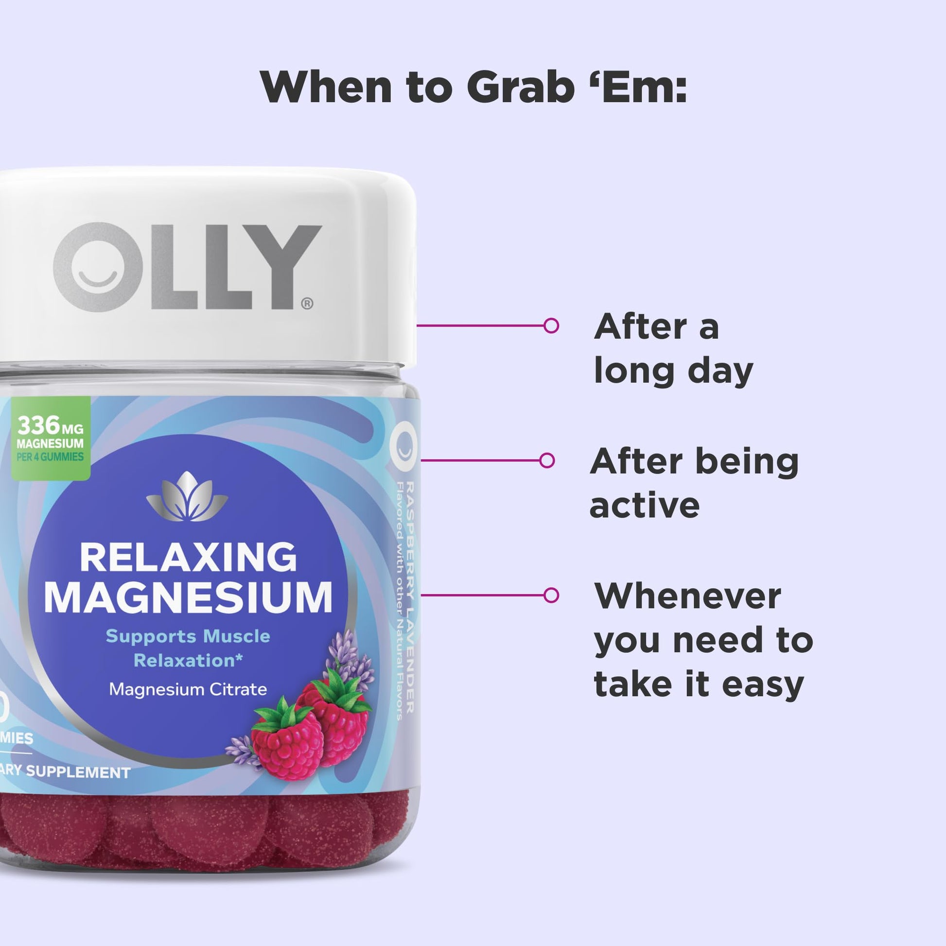 OLLY Relaxing Magnesium Gummies, Supports Muscle Relaxation*, Magnesium Citrate, Raspberry Lavender Flavor, 15 Day Supply - 60 Count - PrimeBioHealth - canada supplements
