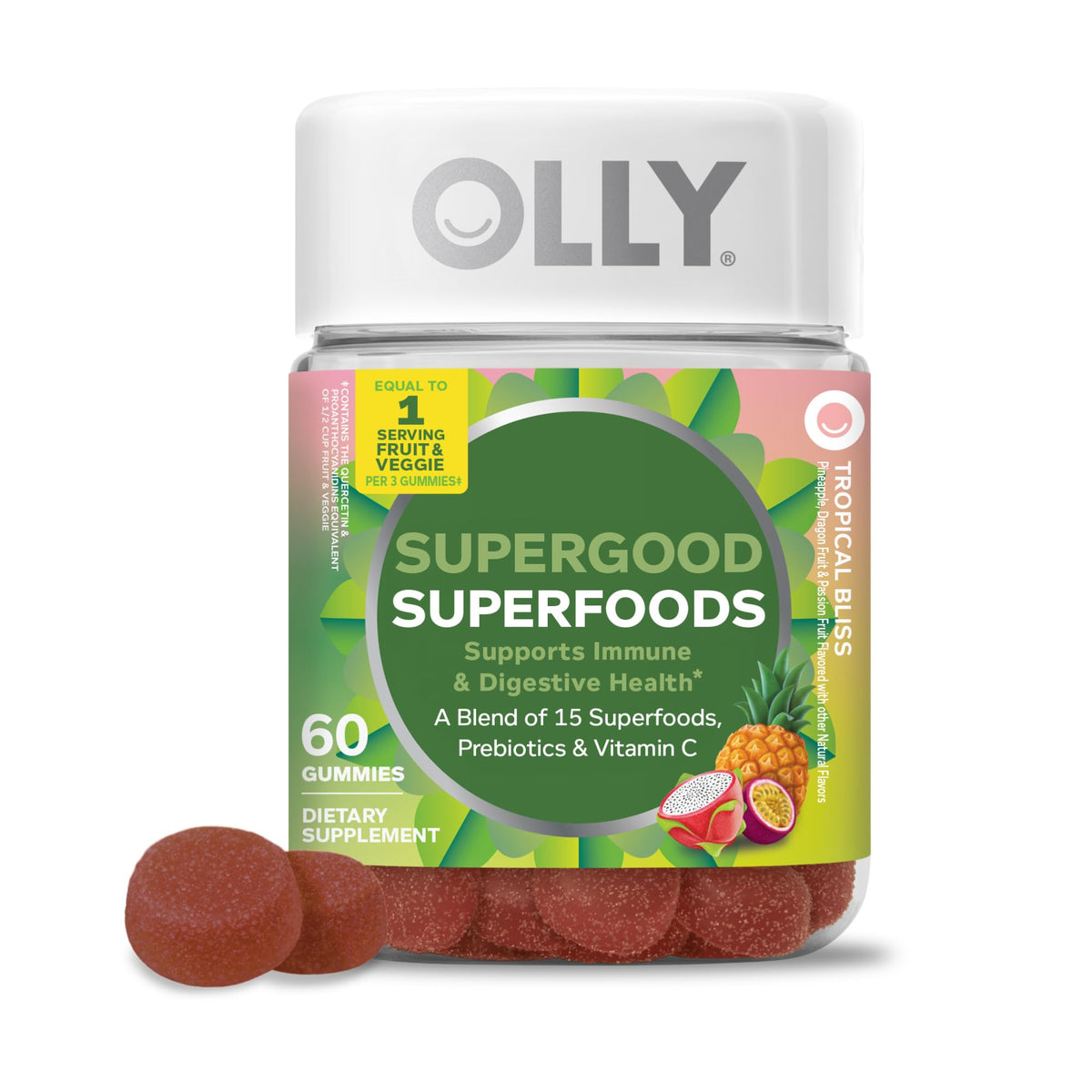 OLLY Supergood Superfoods Gummies, Supports Immune System & Digestive Health,* 15 Superfoods, Prebiotics, Vitamin C, Tropical Bliss Flavor - PrimeBioHealth - canada supplements