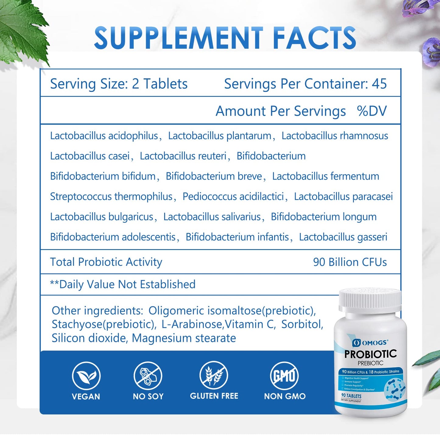 OMOGS Probiotics 90 Billion CFUs 18 Strains, with 3 Organic Prebiotics & Vitamin C, Nutritional Supplement for Women, Men & Kids, Support Metabolism - PrimeBioHealth - canada supplements