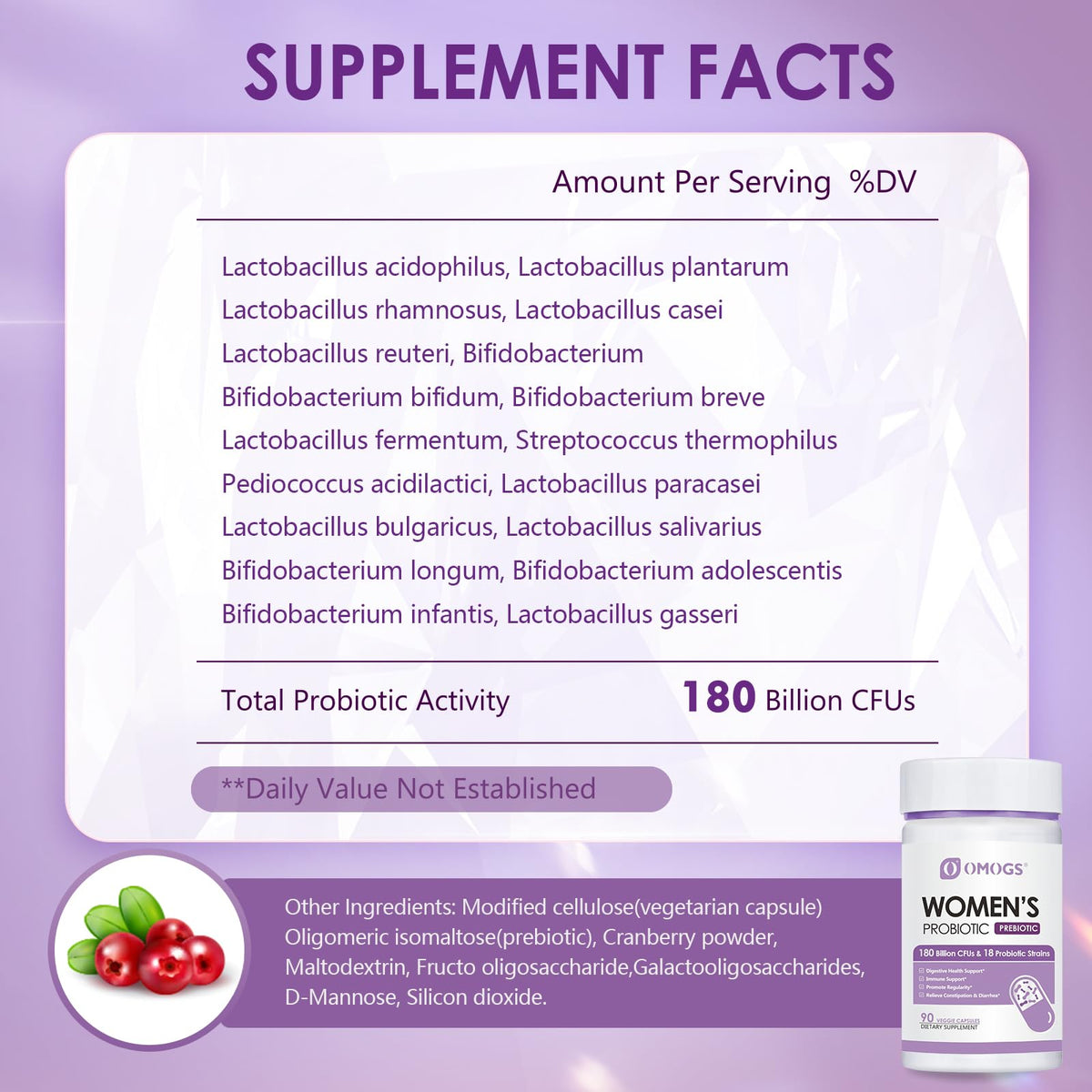 OMOGS Women's Probiotic 180 Billion CFUs 18 Strains, with Organic Prebiotics, Cranberry Extract, D-Mannose & Digestive Enzymes, for Digestive, Boost Immune, - PrimeBioHealth - canada supplements
