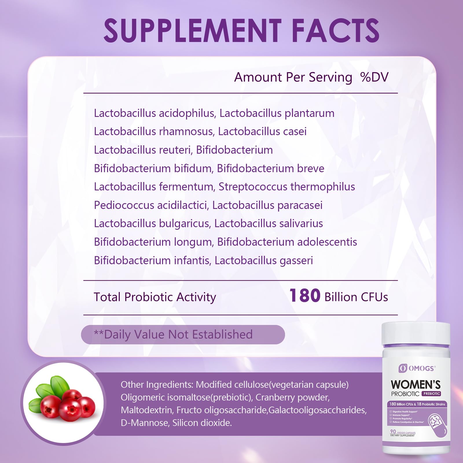 OMOGS Women's Probiotic 180 Billion CFUs 18 Strains, with Organic Prebiotics, Cranberry Extract, D-Mannose & Digestive Enzymes, for Digestive, Boost Immune, - PrimeBioHealth - canada supplements