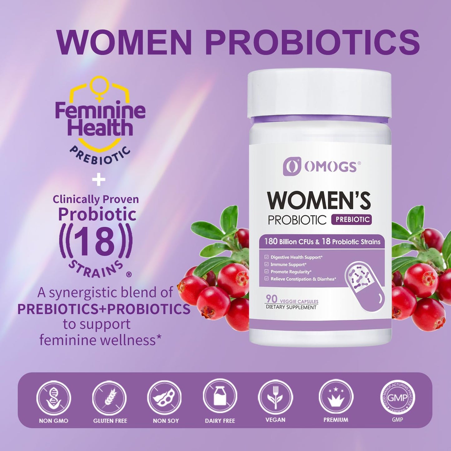 OMOGS Women's Probiotic 180 Billion CFUs 18 Strains, with Organic Prebiotics, Cranberry Extract, D-Mannose & Digestive Enzymes, for Digestive, Boost Immune, - PrimeBioHealth - canada supplements