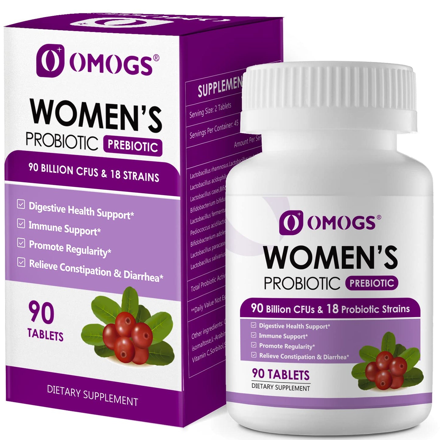 OMOGS Women's Probiotic, with Cranberry Extract, Organic Prebiotics & Vitamin C, 90 Billion CFUs,18 Strains, Help for Boost Immune, Digestive, Gut Health & Women's Health - PrimeBioHealth - canada supplements