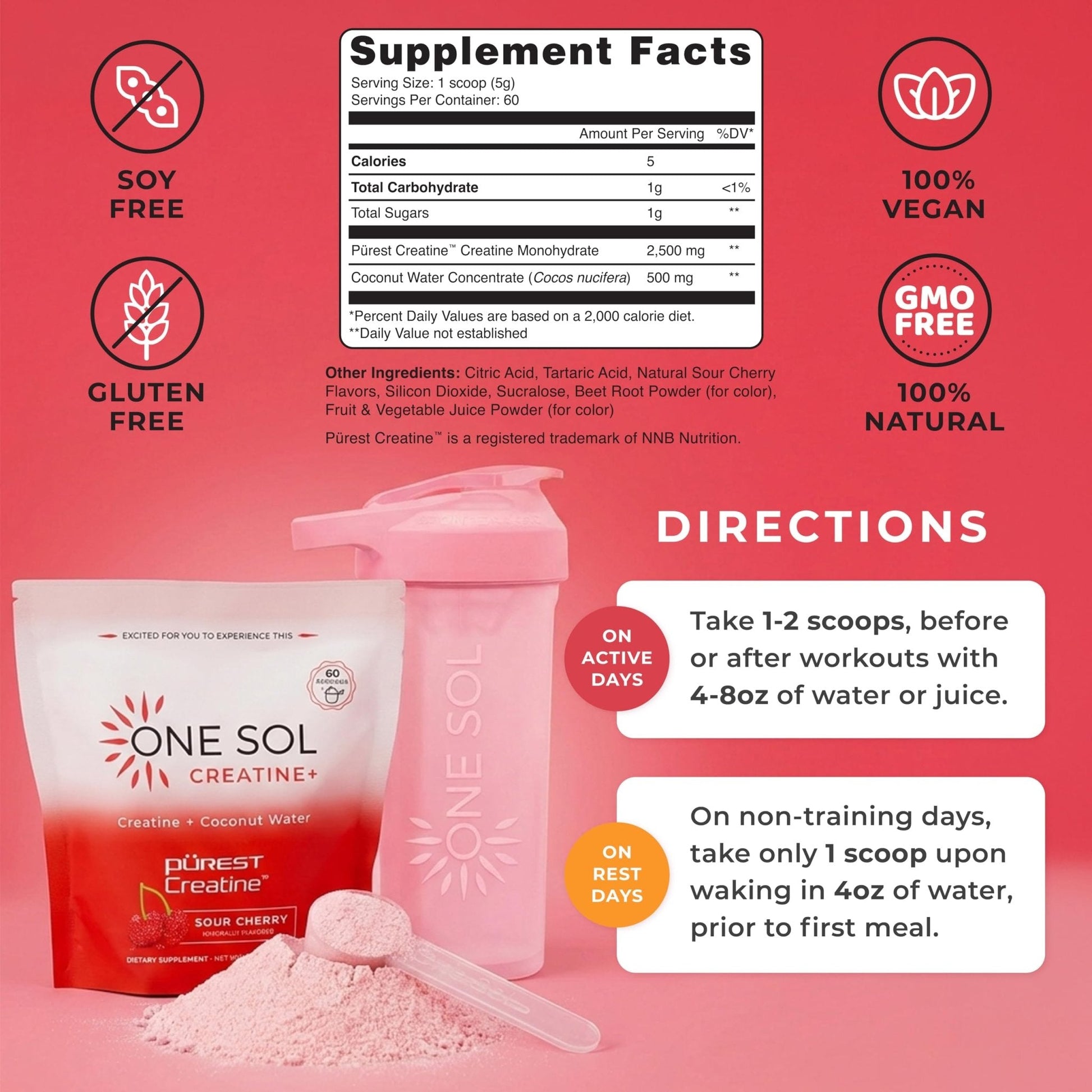 One Sol Creatine for Women, All Natural Women's Creatine Powder w Pure Creatine & Coconut Water, Increase Lean Muscle Mass, Reduce Recovery Time, Promote Brain & Bone Health (Sour Cherry, 60 Servings) - PrimeBioHealth - canada supplements