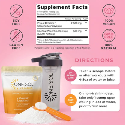 One Sol Creatine for Women, All Natural Women's Creatine Powder w Pure Creatine & Coconut Water, Increase Lean Muscle Mass, Reduce Recovery Time, Promotes Brain & Bone Health (Unflavored, 60 Servings) - PrimeBioHealth - canada supplements