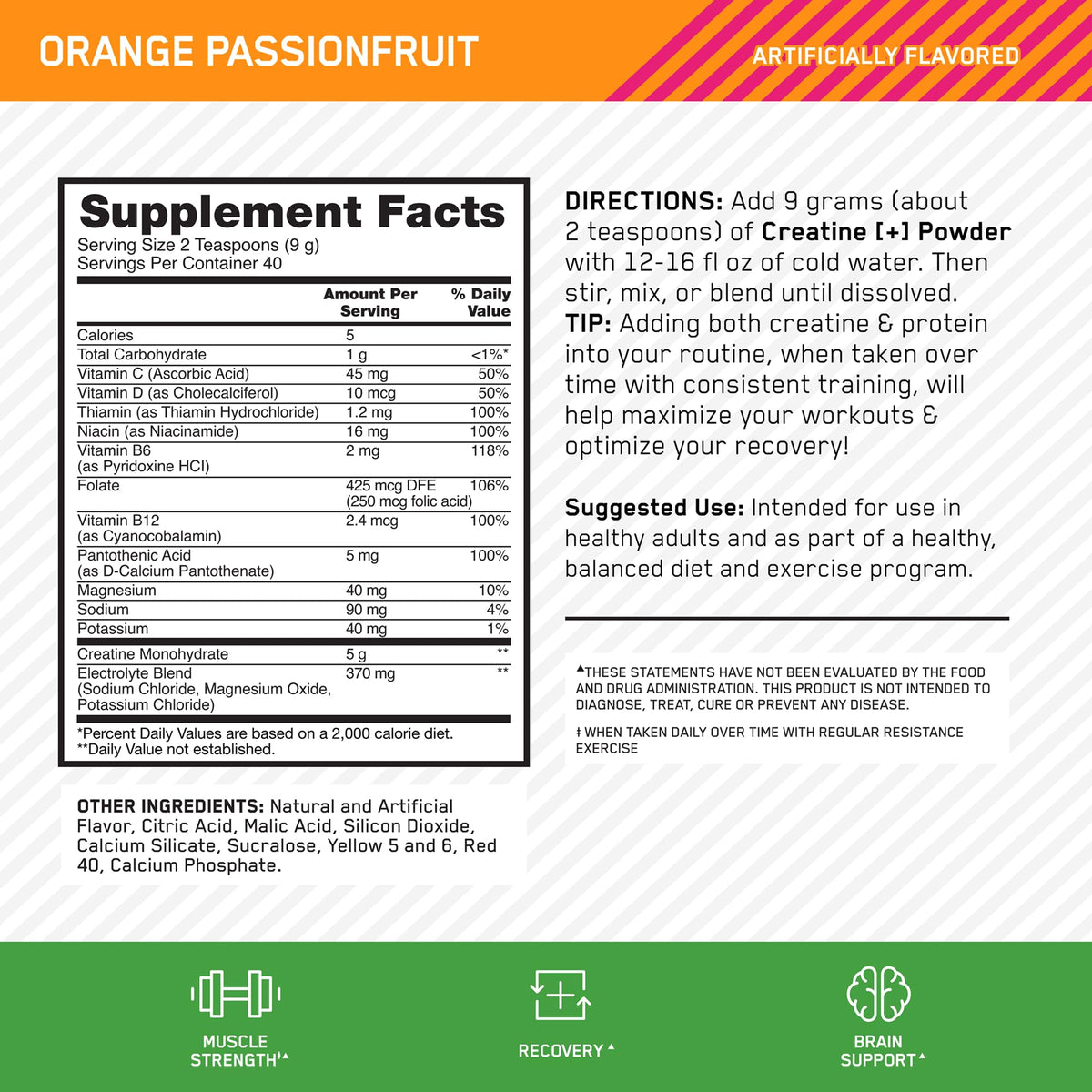 Optimum Nutrition Creatine Monohydrate Plus Powder, Orange Passionfruit Flavored Creatine Performance Blend With Electrolytes for Hydration, Added Vitamins, 40 Servings, 360 Grams (Packaging May Vary) - PrimeBioHealth - canada supplements