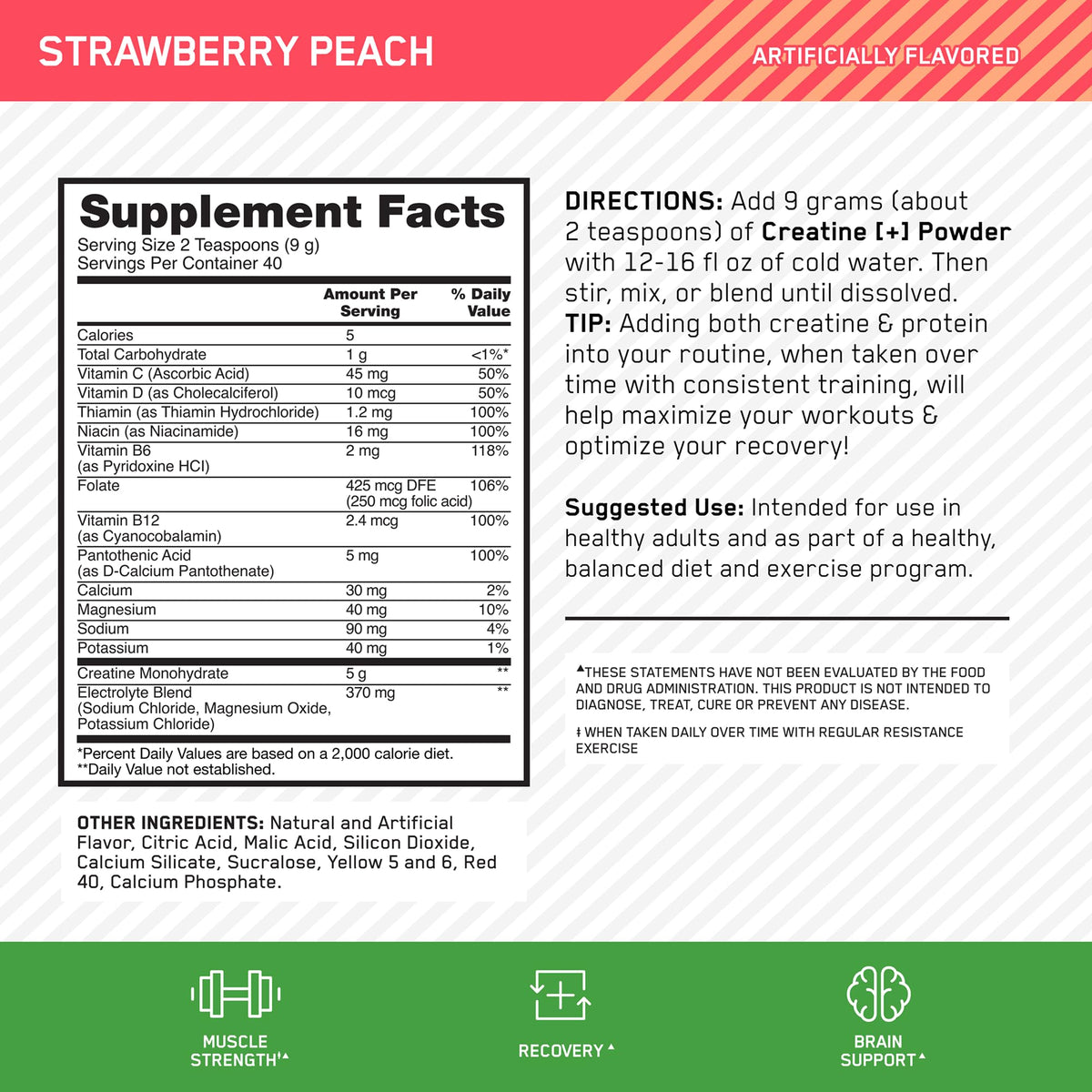 Optimum Nutrition Creatine Monohydrate Plus Powder, Strawberry Peach Flavored Creatine Performance Blend, with Electrolytes for Hydration, Added Vitamins - PrimeBioHealth - canada supplements
