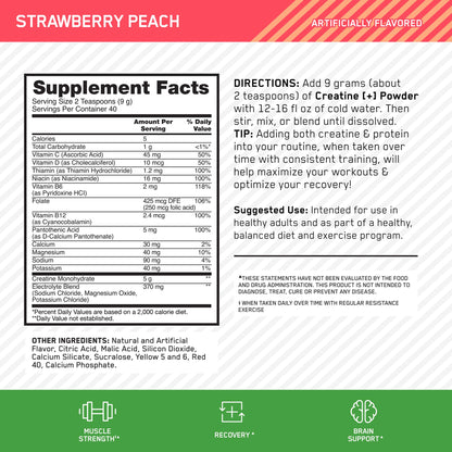 Optimum Nutrition Creatine Monohydrate Plus Powder, Strawberry Peach Flavored Creatine Performance Blend, with Electrolytes for Hydration, Added Vitamins - PrimeBioHealth - canada supplements