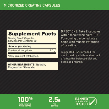 Optimum Nutrition Micronized Creatine Monohydrate Capsules, Keto Friendly, 2500mg, 100 Capsules - PrimeBioHealth - canada supplements