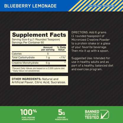 Optimum Nutrition Micronized Creatine Monohydrate Powder, Blueberry Lemonade Creatine, 60 Servings, 360 Grams (Packaging May Vary) - PrimeBioHealth - canada supplements